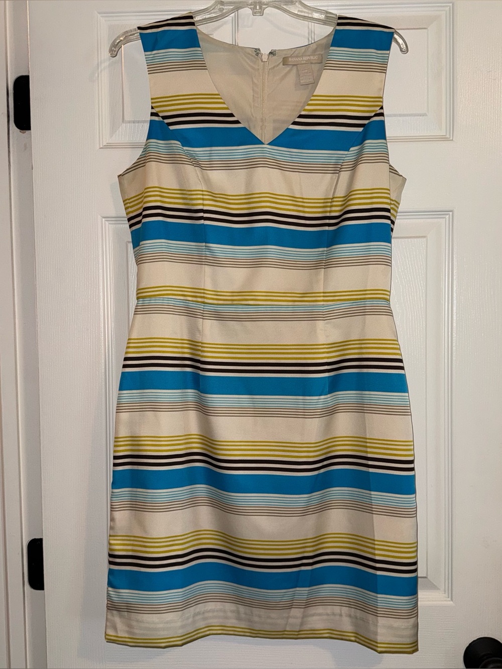 Banana Republic Cream Striped Women’s Sheath Dress with Blue & Yellow Accent